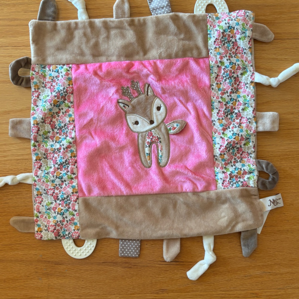 Maison Chic Pink Deer Security Blanket Lovey Teether Taggie Floral Brown EUC D5